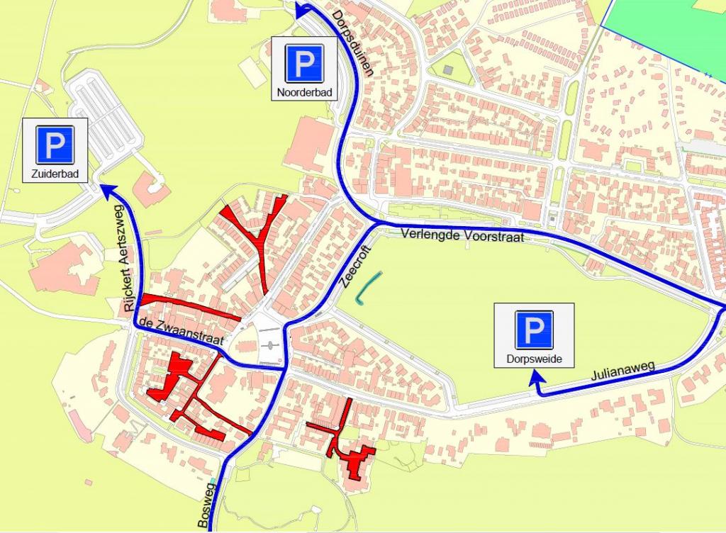 In de rode straten op deze afbeelding mag van vrijdag 19 uur t/m zondag 24 uur alleen met een parkeervergunning geparkeerd worden..